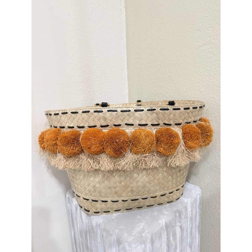 Tory Burch Pom Pom Straw Beach Basket Tote Women Handbag Pre-loved - Picture 2 of 16